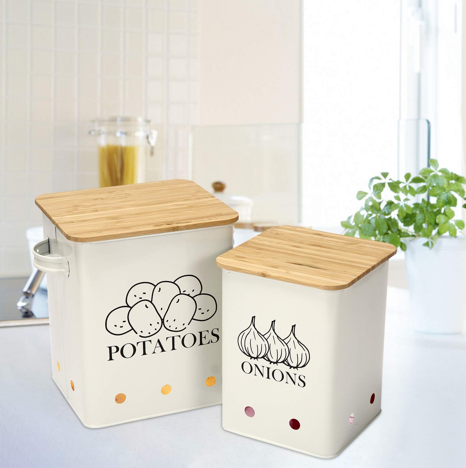 Xbopetda Potato Onion Storage Bin, Kitchen Storage Canister Set of 2, Kitchen Pantry Organizer Tin - Vegetable Fresh Keeper with Aerating Tin Storage Holes & Wooden Lid (White)