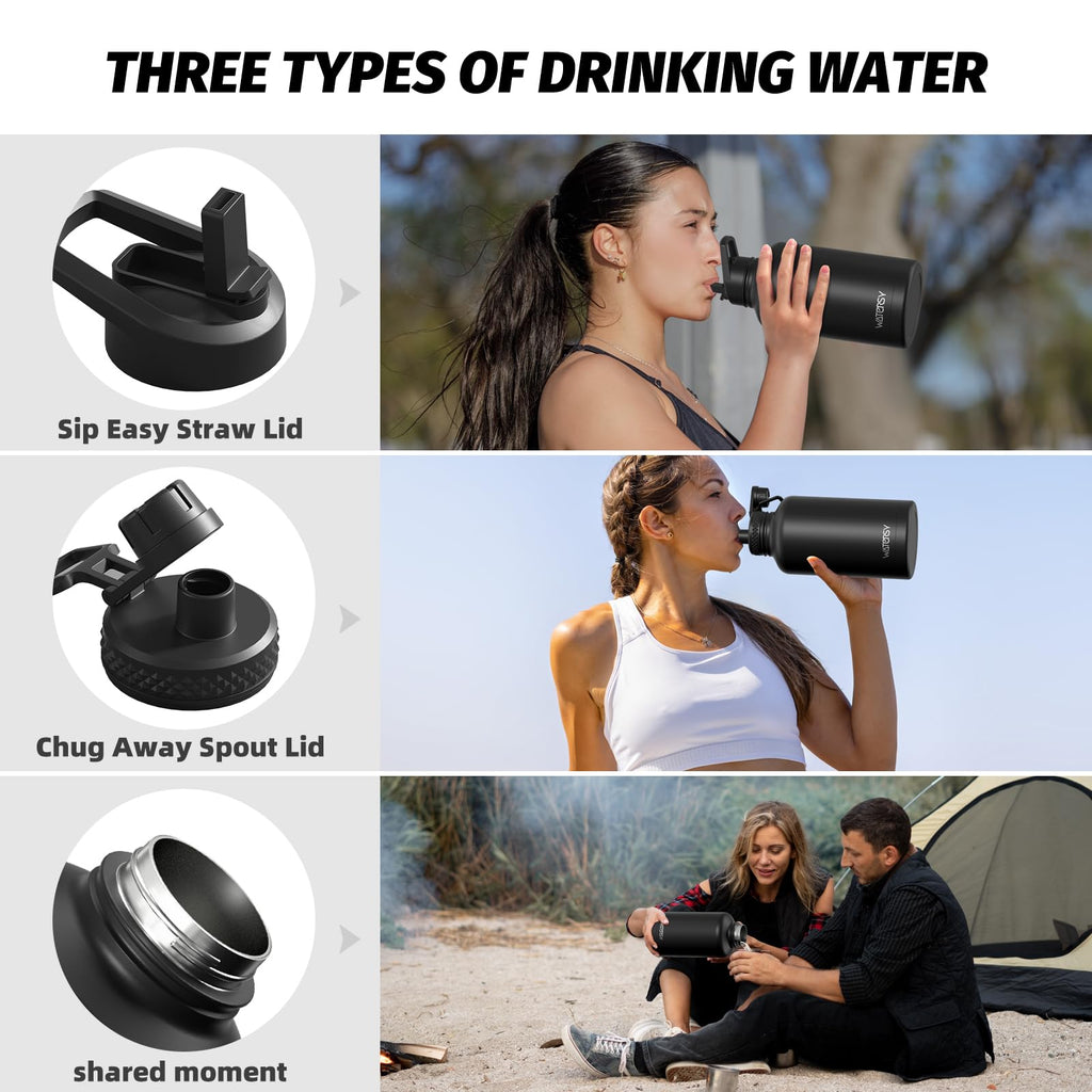 64oz Insulated Water Bottle (Cold for 48 Hrs),BPA Free&Leak Proof,Half Gallon Stainless Steel Water Flask,Water Jug with Straw Spout Lids for Gym,Hiking,Camping,Black