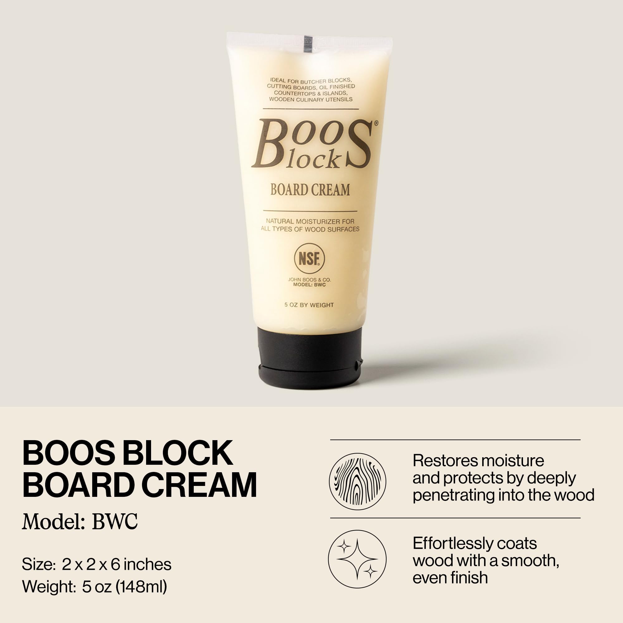 John Boos 5 oz Board Cream with Beeswax and Mineral Oil for Wood Surface Care – All-Natural Conditioner & Sealer for Butcher Blocks, Wooden Cutting Boards, Countertops, and Utensils