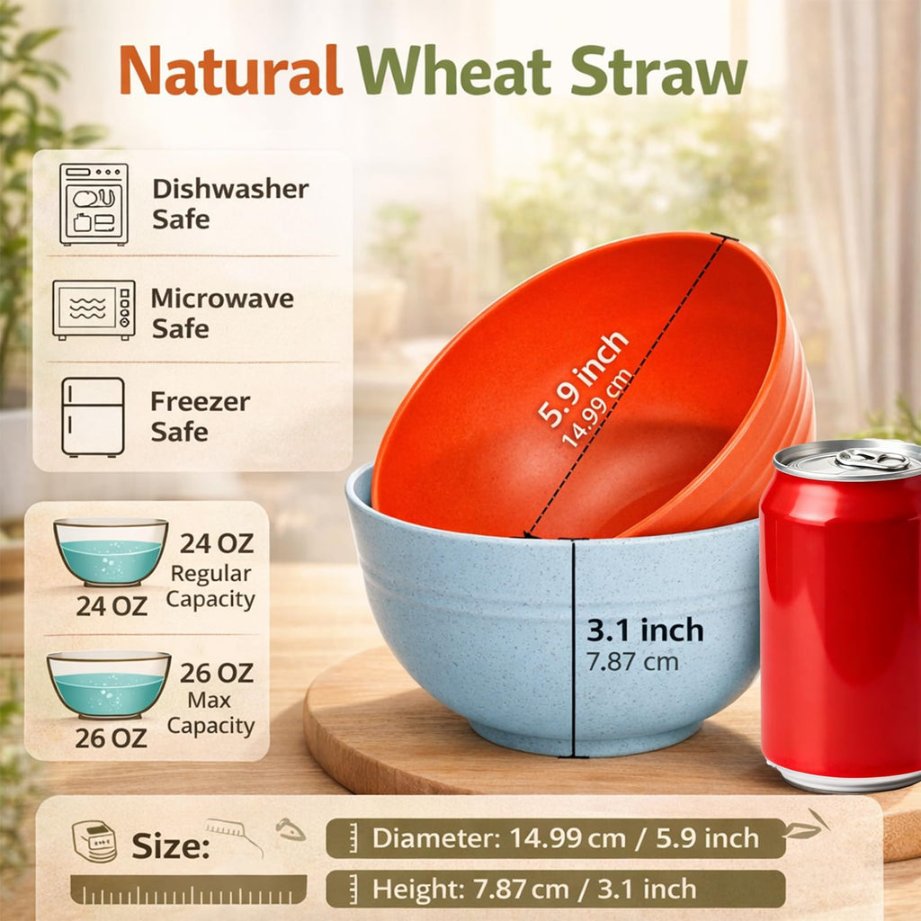 WRINGKIT 24 Pack Unbreakable Plastic Cereal Bowls, 26 Oz Lightweight Wheat Straw Bowl Set, Microwave Dishwasher Safe Soup Salad Bowl for Oatmeal, Ramen, Noodles, Oatmeal