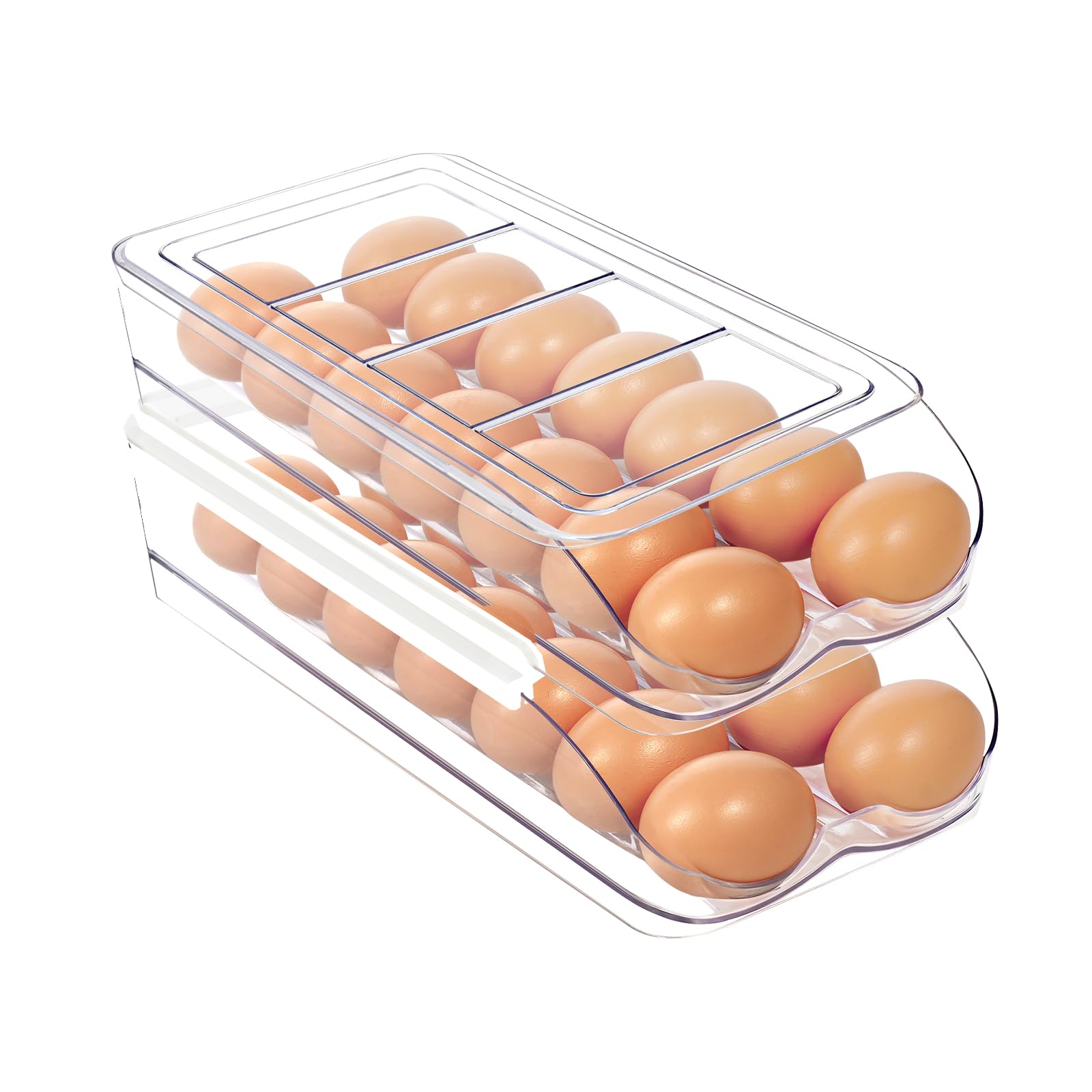 MesRosa Egg Holder for Fridge, Automatic Rolling Egg Organizer for Refrigerator, Clear Plastic Egg Container & Tray, Stackable Dispenser and Storage Bin with Sturdy Lid to Saving Space -2 Layer