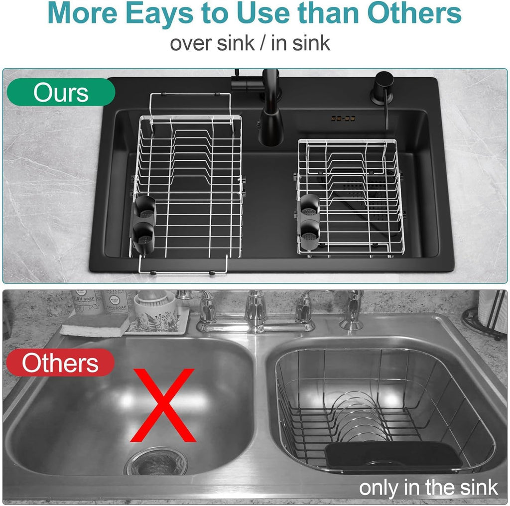 GSlife in Sink Dish Drying Rack - Stainless Steel Capacity Expandable Over The Sink Dish Drainer with Lock Knob and Utensil Holder for Kitchen Sink, 27.4-45.5 L x 32.5 W x 14.5 H cm, Silver