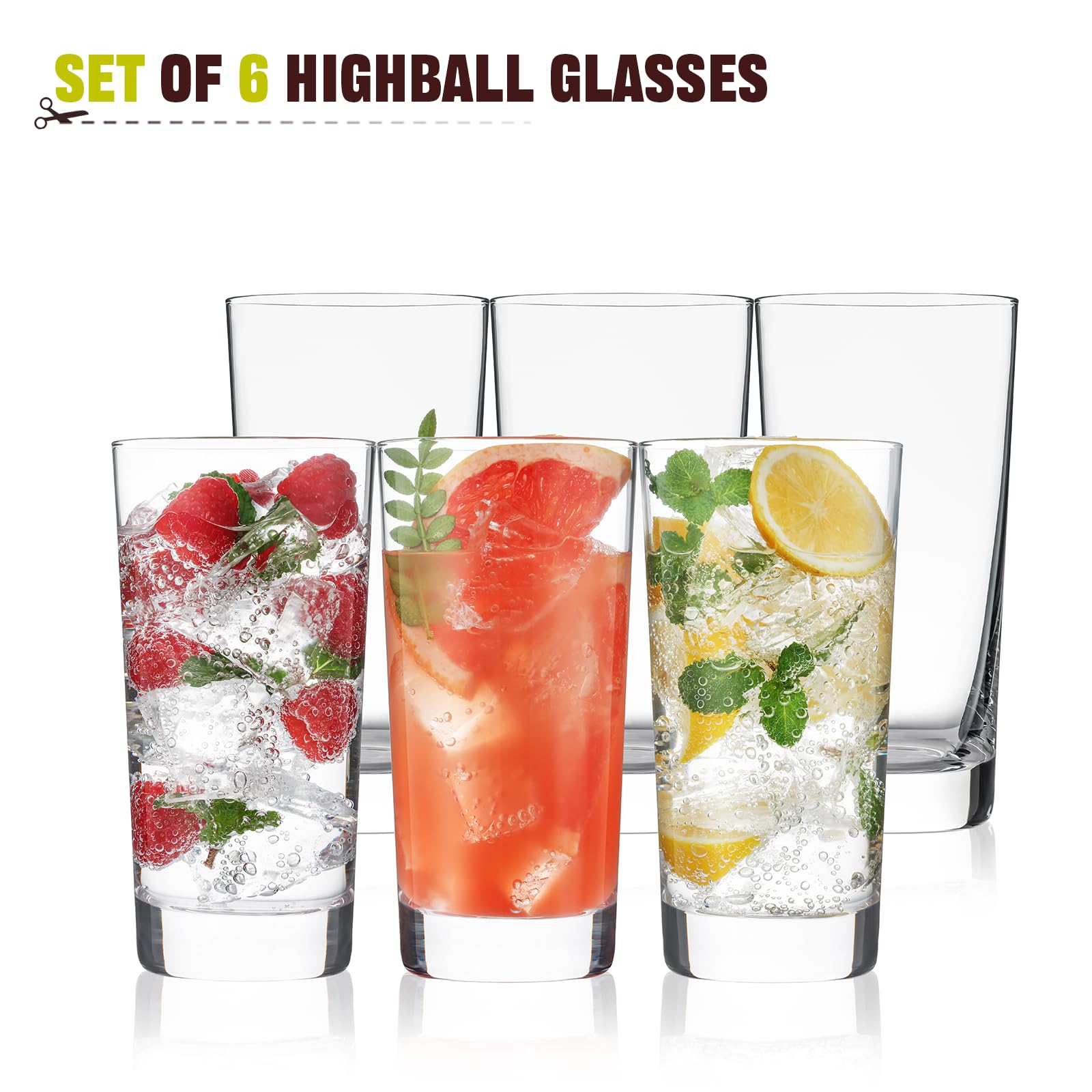 Highball Glasses Set of 6, 13oz Tall Drinking Glasses, Water Glass for Kitchen, Tom Collins Glasses, Mojito Glass Cups, Cocktail Glasses for Bar Glassware