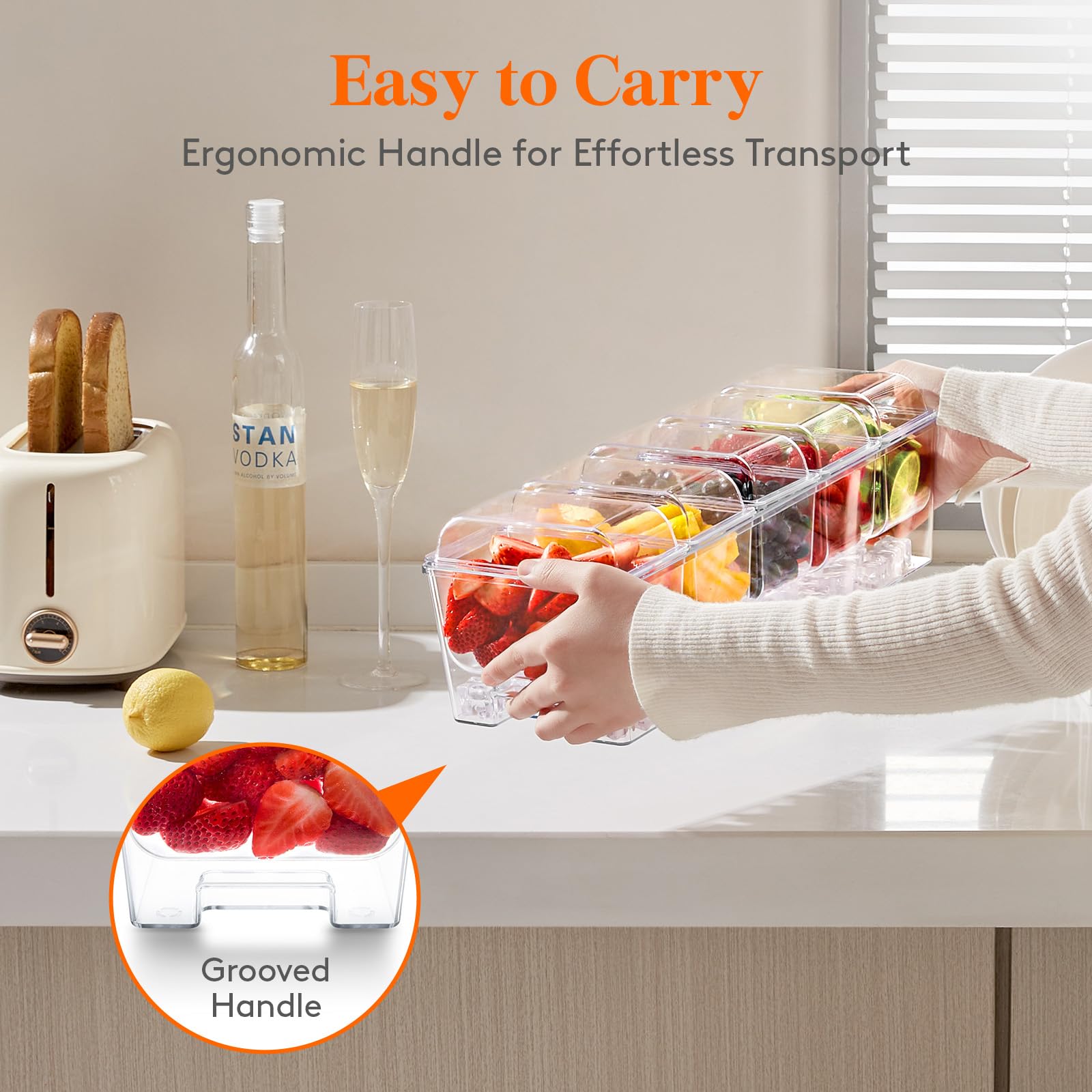 Lifewit Ice Chilled Condiment Caddy with 5 Containers(2.5 Cup), Condiment Server with Separate Lids, Serving Tray Platter with Removable Dishes for Bar Accessories, Fruit, Salad, Taco, Party Garnish