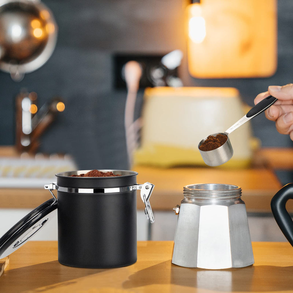 Pitmoly Airtight Coffee Canister with CO2 Valve,16OZ Food Storage Container, 1.5L Stainless Steel Coffee Storage Jar with Date Tracker and Measuring Scoop for Coffee Beans, Grounds, Sugar and Flour
