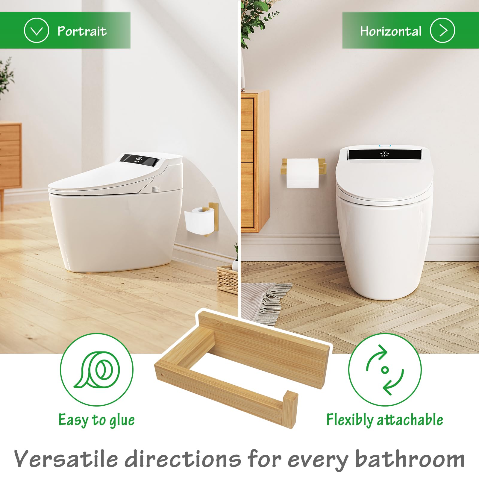 Free Drilling Bamboo Wall-Mounted Toilet Paper Holder Self-Adhesive or Screw Toilet Tissue Roll Holder for Bathroom and Kitchen