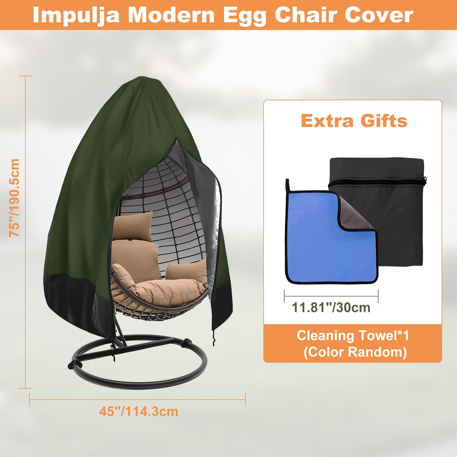 Impulja Patio Egg Chair Cover with Zipper, Heavy Duty 420D Oxford Outdoor Hanging Egg Chair Cover, Waterproof UV Resistant Windproof, Wicker Swing Egg Chair Cover, Fits 75"H x 45"W(Green)