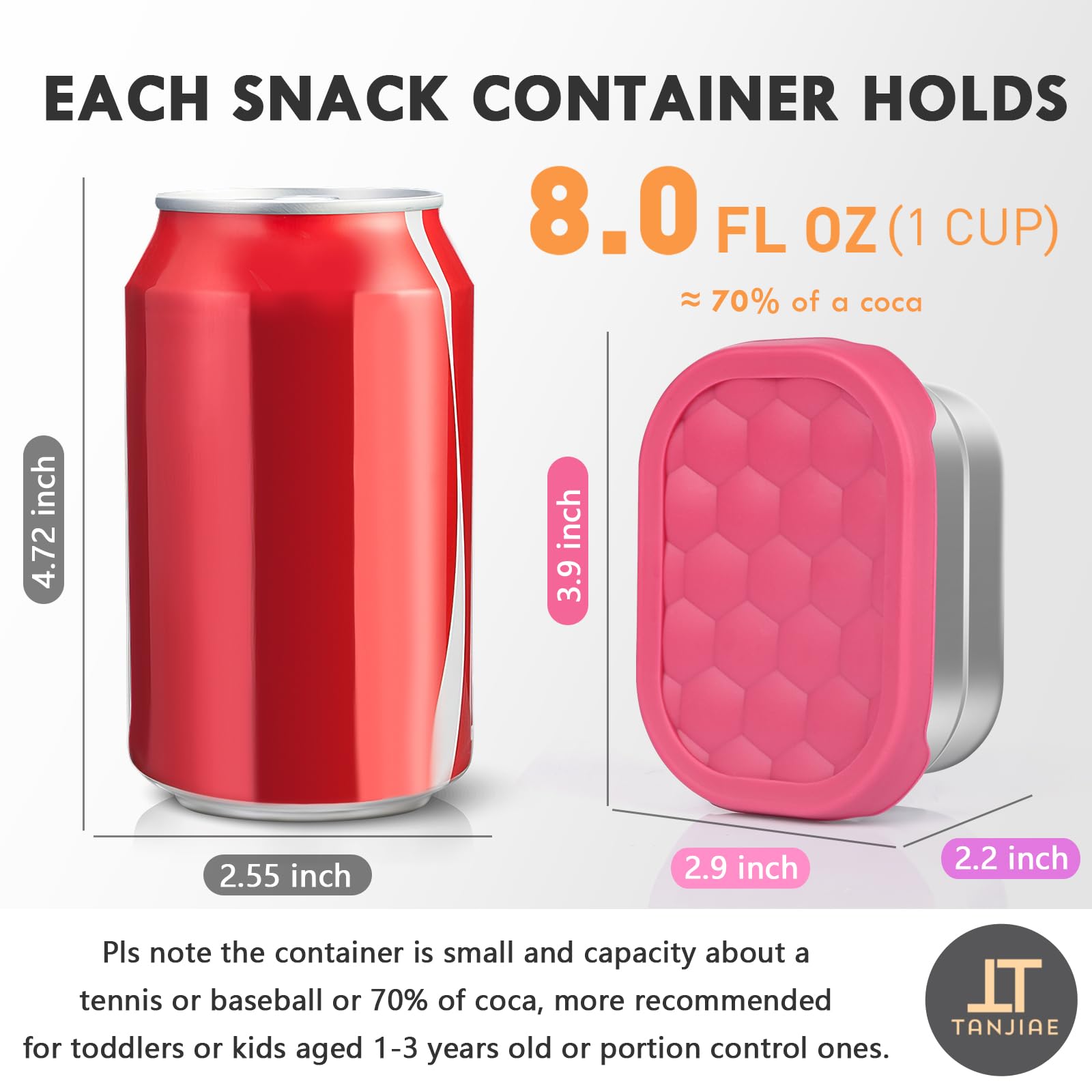 Tanjiae Stainless Steel Snack Containers for Kids | Easy Open Leak Proof Small Food Containers with Silicone Lids - Perfect Metal Toddler Lunch Box for Daycare and School (8oz)