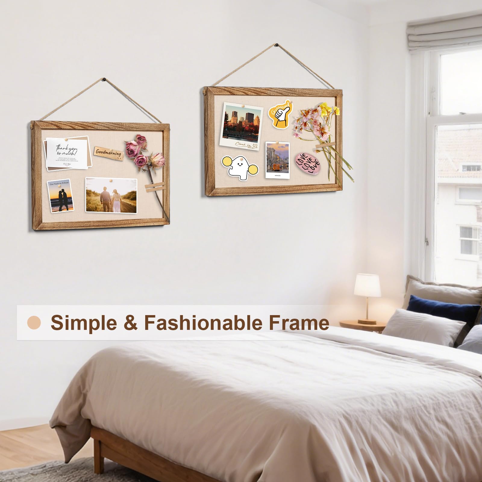 Emfogo 2-Pack Cork Board with Linen 16x11 inch Bulletin Boards Wall Decor Hanging Pin Wood Framed Display Bulletin Cork Picture Board Light for Room School Office Bedroom 20-Pushpin （Torched Wood）