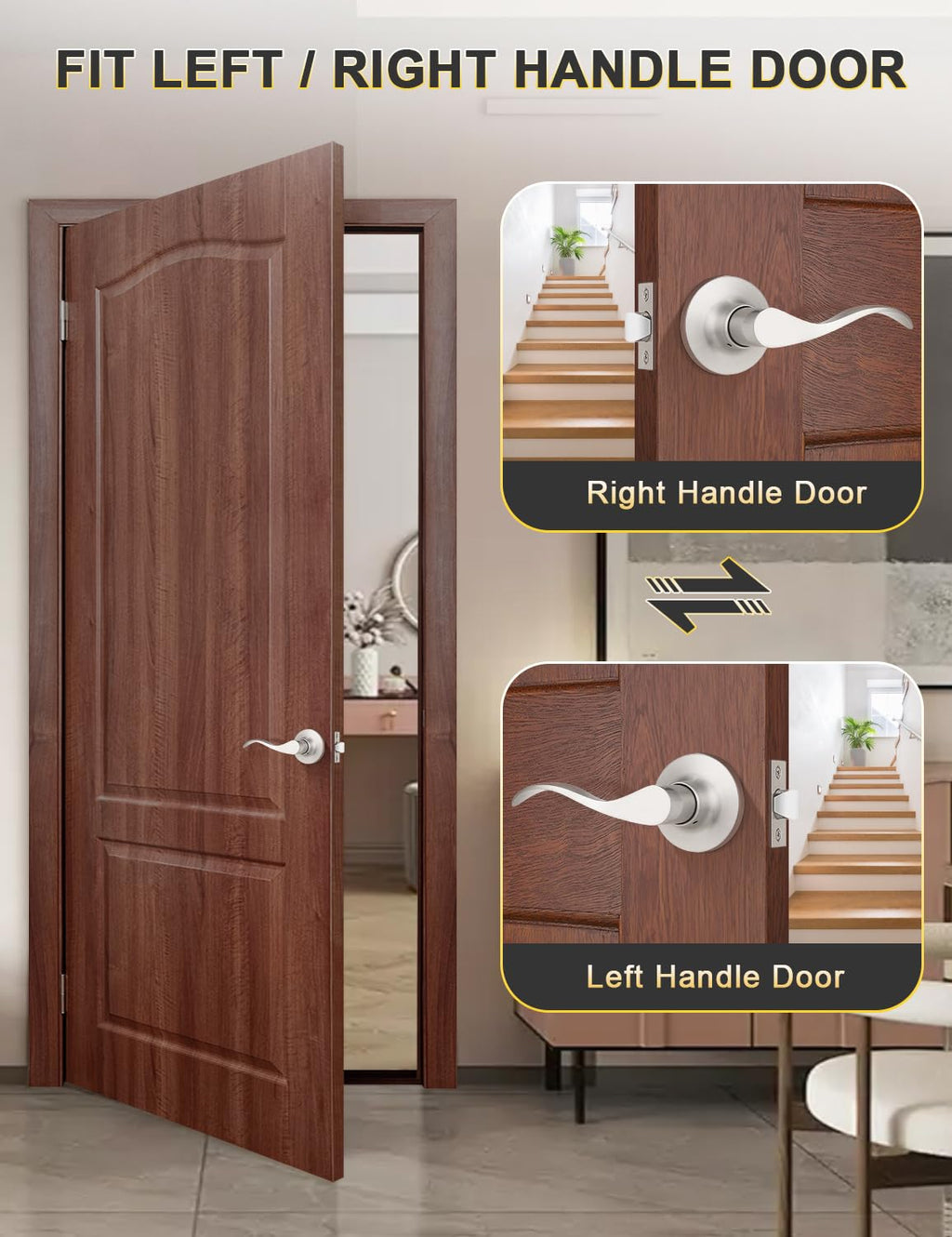 Mengico 1 Pack Satin Nickel Interior Passage Door Knobs, Keyless Door Handle for Hallway & Closet, Wave Style Non-Locking Door Lever Reversible for Left & Right Handed