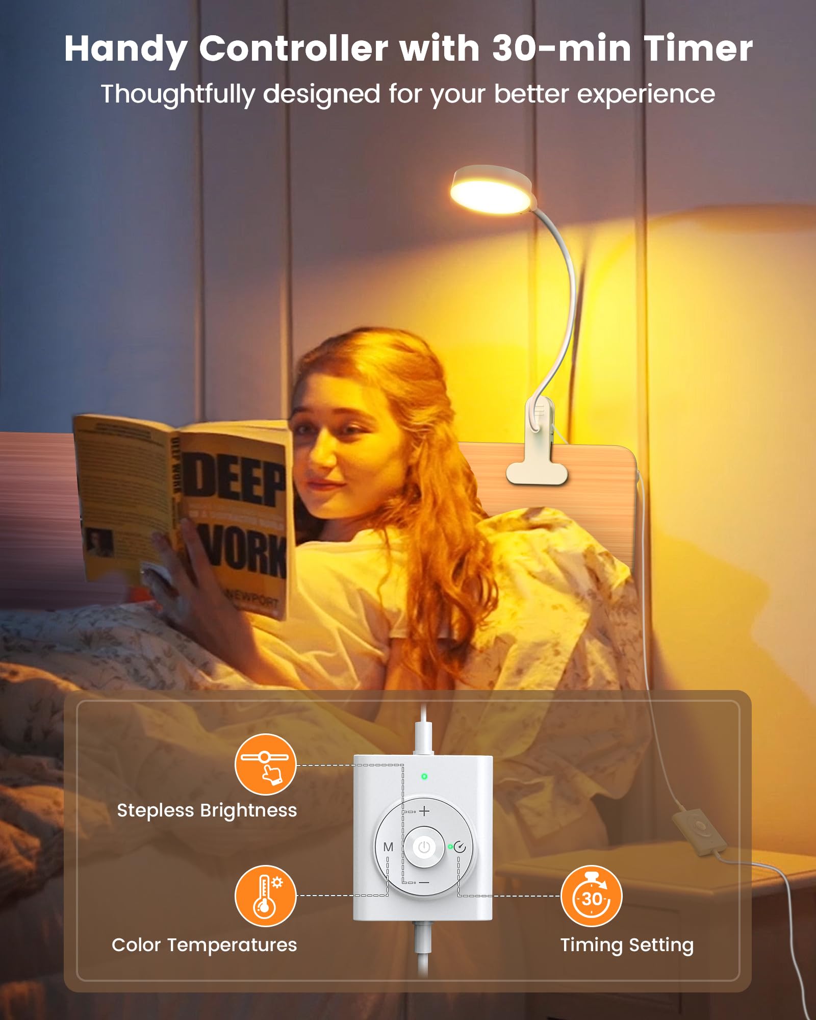 Glocusent 5W Clip on Light, 36LED Eye Caring Reading Light for Bed, 3 Colors & 5 Brightness Clip on Lamp with Adapter, Perfect Reading Light for Bed Lamp/Bunk