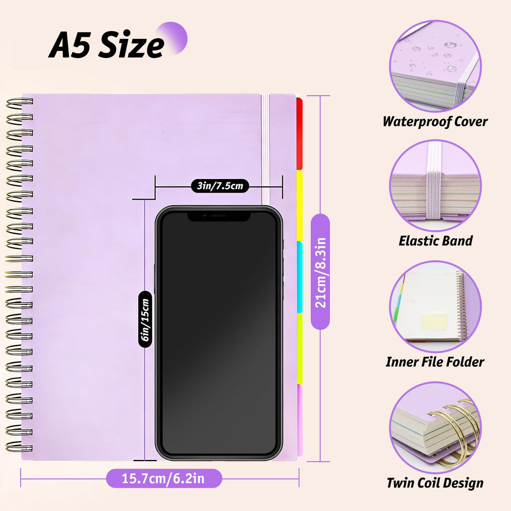 360 Pages A5 Spiral Notebook, 5 Subject Notebooks College Ruled, 100 GSM Thick Paper Lined Journal, Large Note Book with Removable Dividers for School, Office, Work and Writing (Purple)