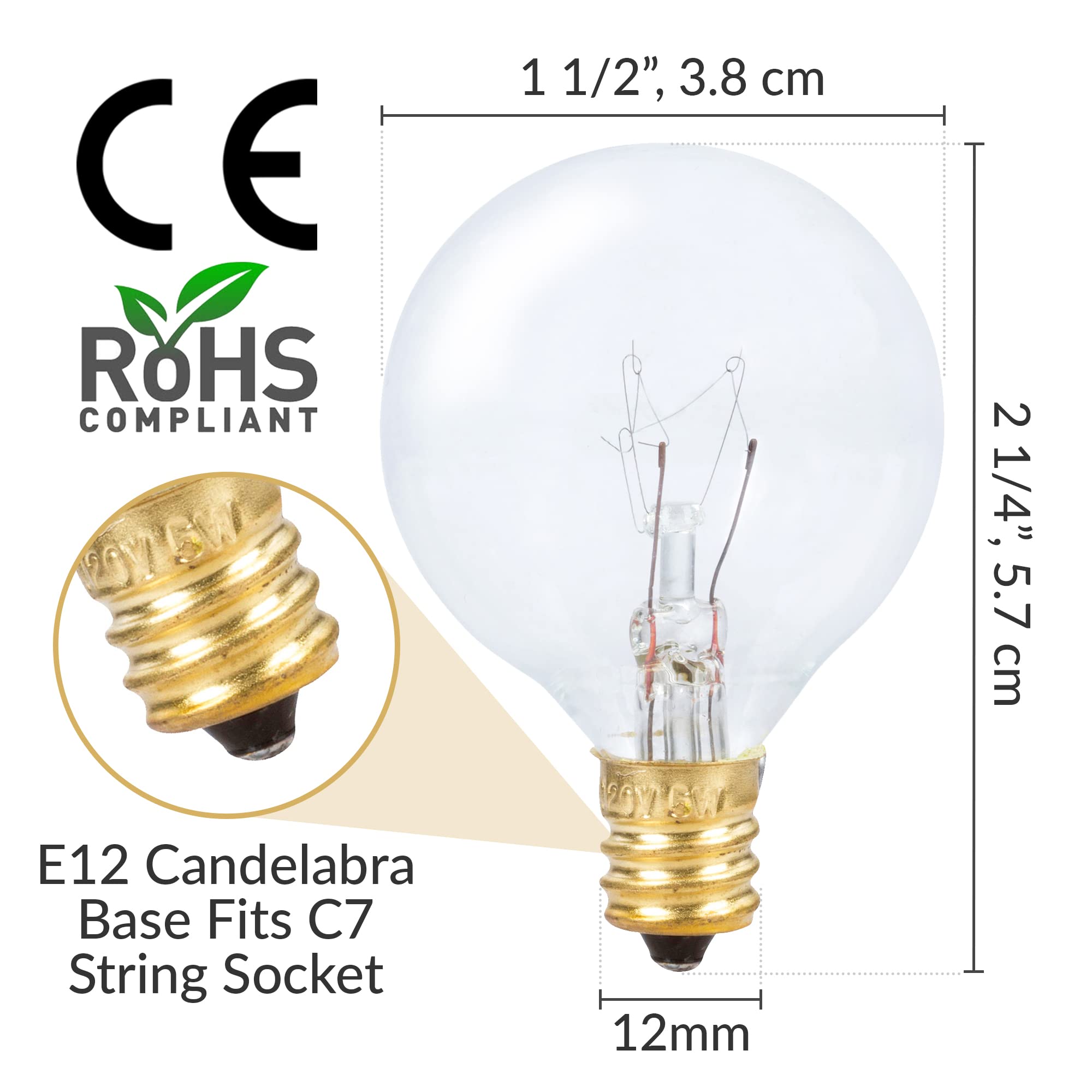 String Light Outdoor Globe G40 Replacement Bulb 5W E12 Candelabra Base C7 Socket by Simba Lighting for Patio, Café, Pergola, Porch, Clear Glass, 5 Watt 110V 120V, 2700K Warm White, Dimmable, 25 Pack