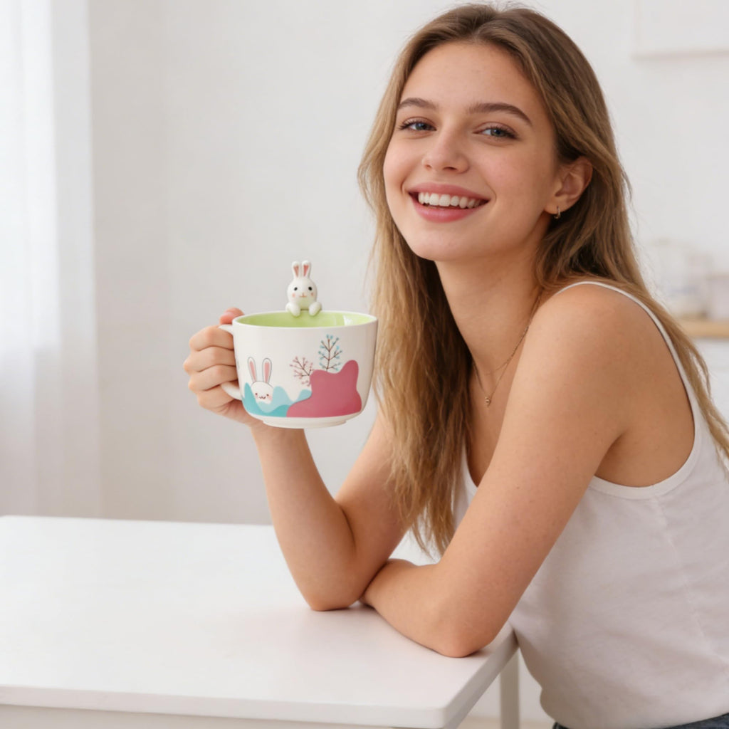 lpylxingyan Cute 3D Animal Coffee Mugs: Funny Handmade Ceramics Cups with Rabbit, Cow, Sloth, Fox, Lion for Kids Gift. (rabbit)