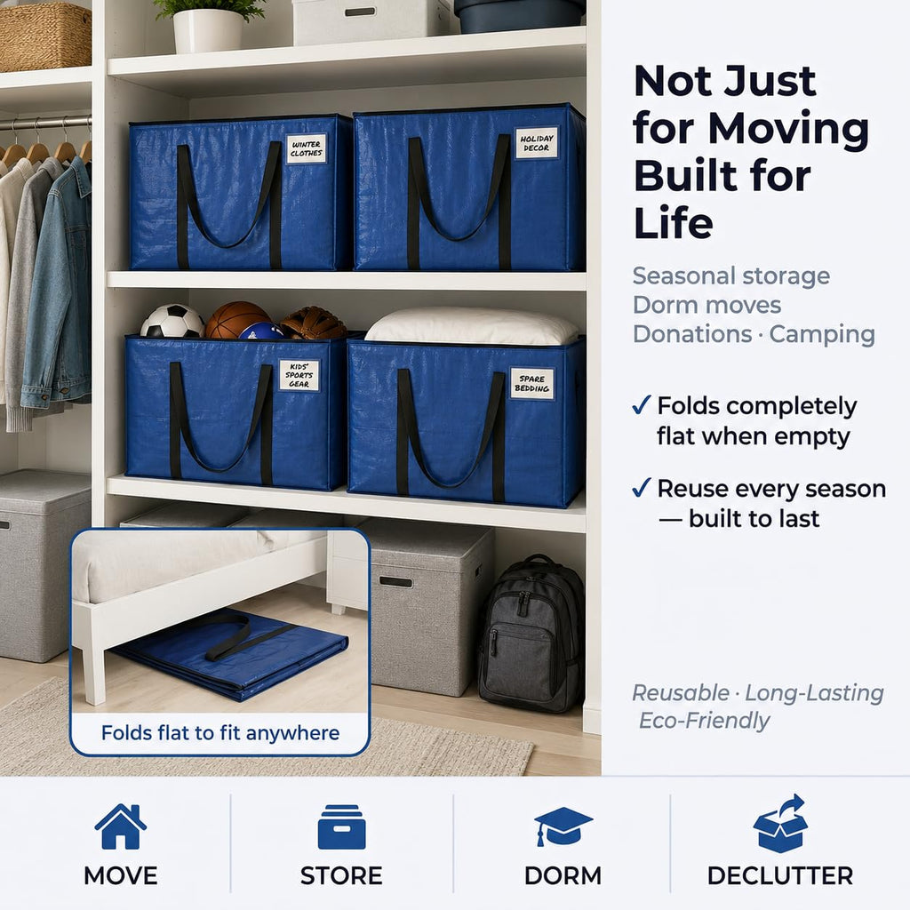 ClearSpace Heavy Duty Storage Bag - Large Moving Boxes with Backpack Straps, Zippers & Handles - Perfect for Traveling, Camping, Christmas Decorations, 4 Pack