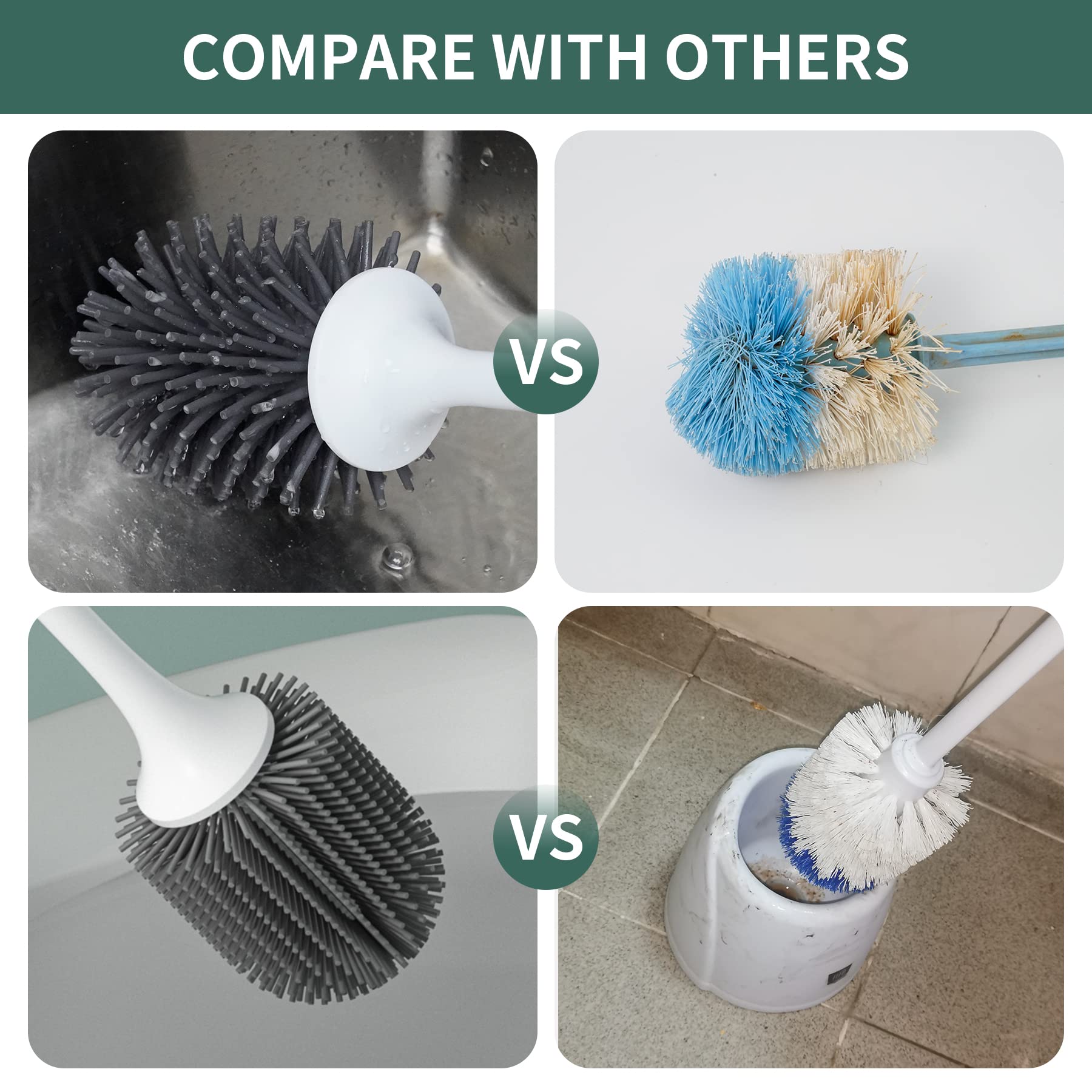 Hibbent 2 Pack Toilet Brush with Ventilated Drying Holder, Silicone Toilet Bowl Brush Bathroom Cleaning Bowl Brush Kit Sturdy Cleaning Toilet Brush, Floor Standing & Wall Mounted Without Drilling