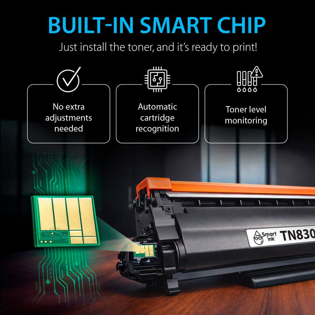 Smart Ink Compatible TN830XL Toner Cartridge Replacement for Brother TN830XL TN830BK TN830 XL with CHIP (2 Pack) to use with DCP-L2640DW HL-L2460DW MFC-L2820DW HL-L2400D HL-L2405W HL-L2865DW Printers
