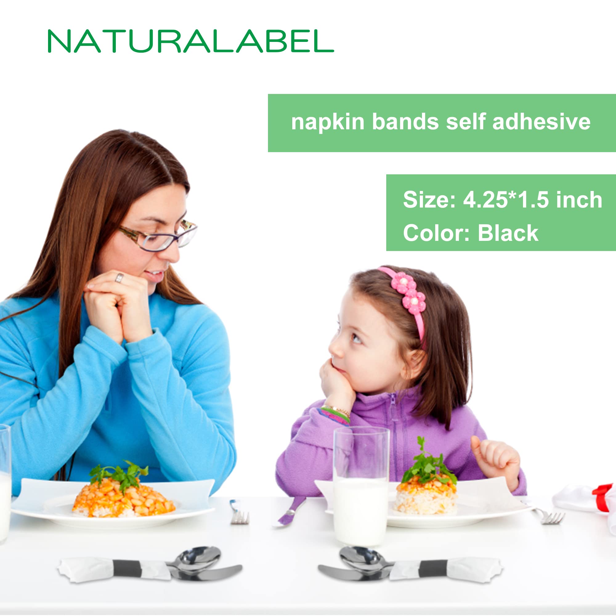 NATURALABEL Self-Adhesive Napkin Bands for Wrapping Silverware - Pack of 2,000, Paper Napkin Rings for Family Reunion, Birthday Party, Wedding, Celebration (Black)