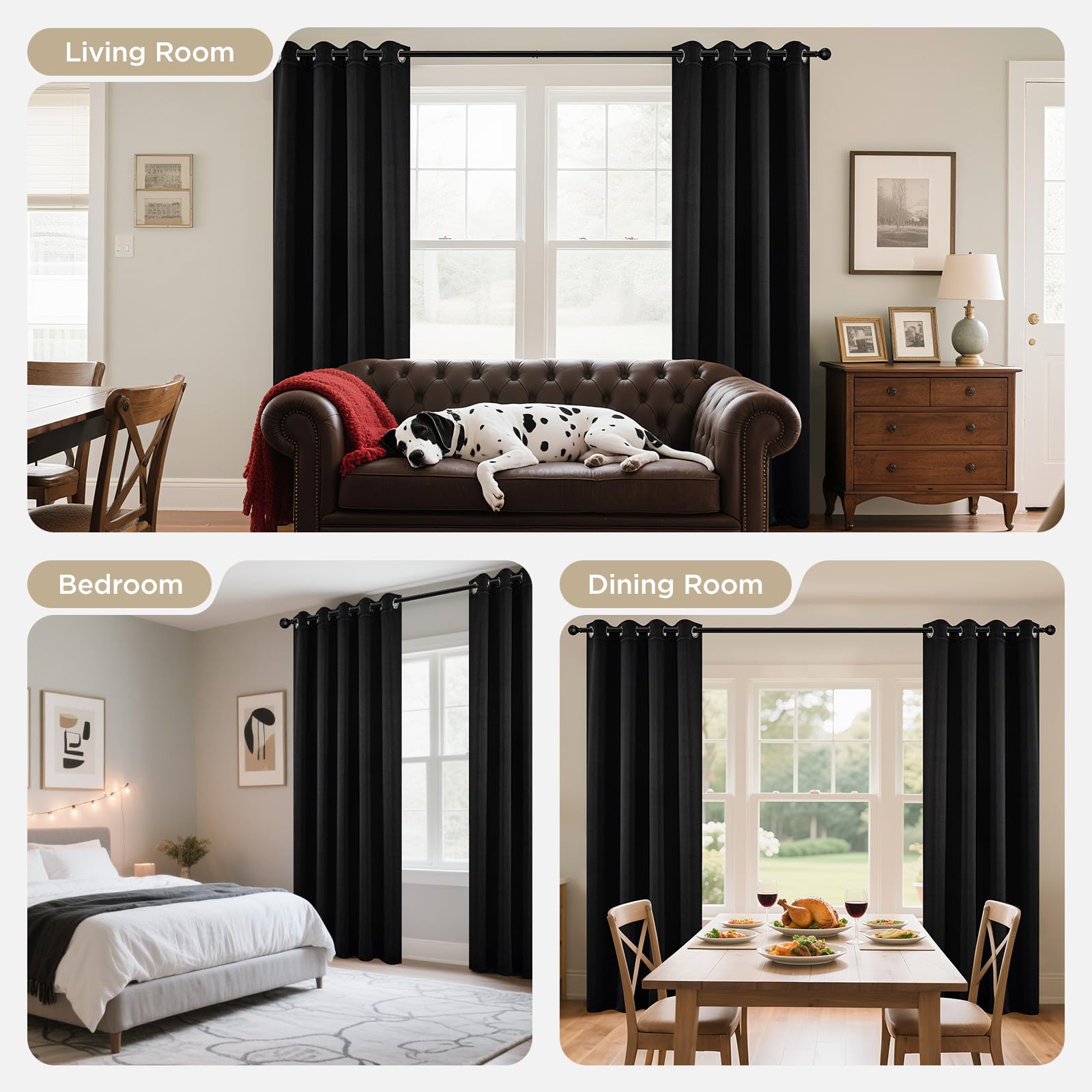 Joydeco Blackout Curtains 63 Inchs Long 52 Wide Black Out Curtains 2 Panels, Thermal Insulated Long Curtain& Drapes, Room Darkening Grommet Drapes for Living Bedroom Window (W52 x L63 Inch, Black)