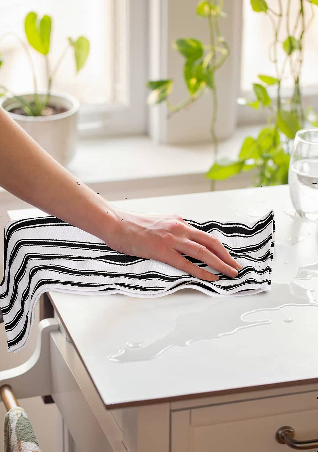 Cotton Clinic Set of 6 Vintage Stripe Cotton Kitchen Dish Towels 16x26, Tea Towels and Cleaning Towels, Kitchen Towels with Hanging Loop, Black White
