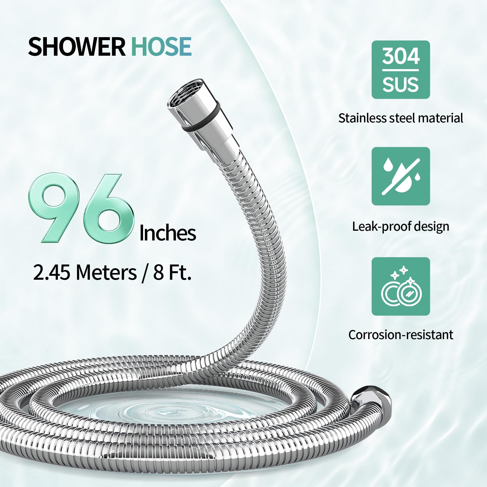 SR SUN RISE 2.45 Meters/96 Inches/8 Ft. Flexible 304 Stainless Steel Replacement Shower Hose Extra Long with Brass Fittings. Explosion-Proof. Polished Chrome