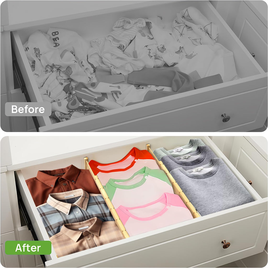 ANTOWIN 4 Pack Expandable Drawer Dividers, 2.2'' High, Extend from 17'' to 22'', Dresser Drawer Organizers, Bamboo Separators for Kitchen, Bedroom, Office, with 12 Pack Divider Inserts (Natural)