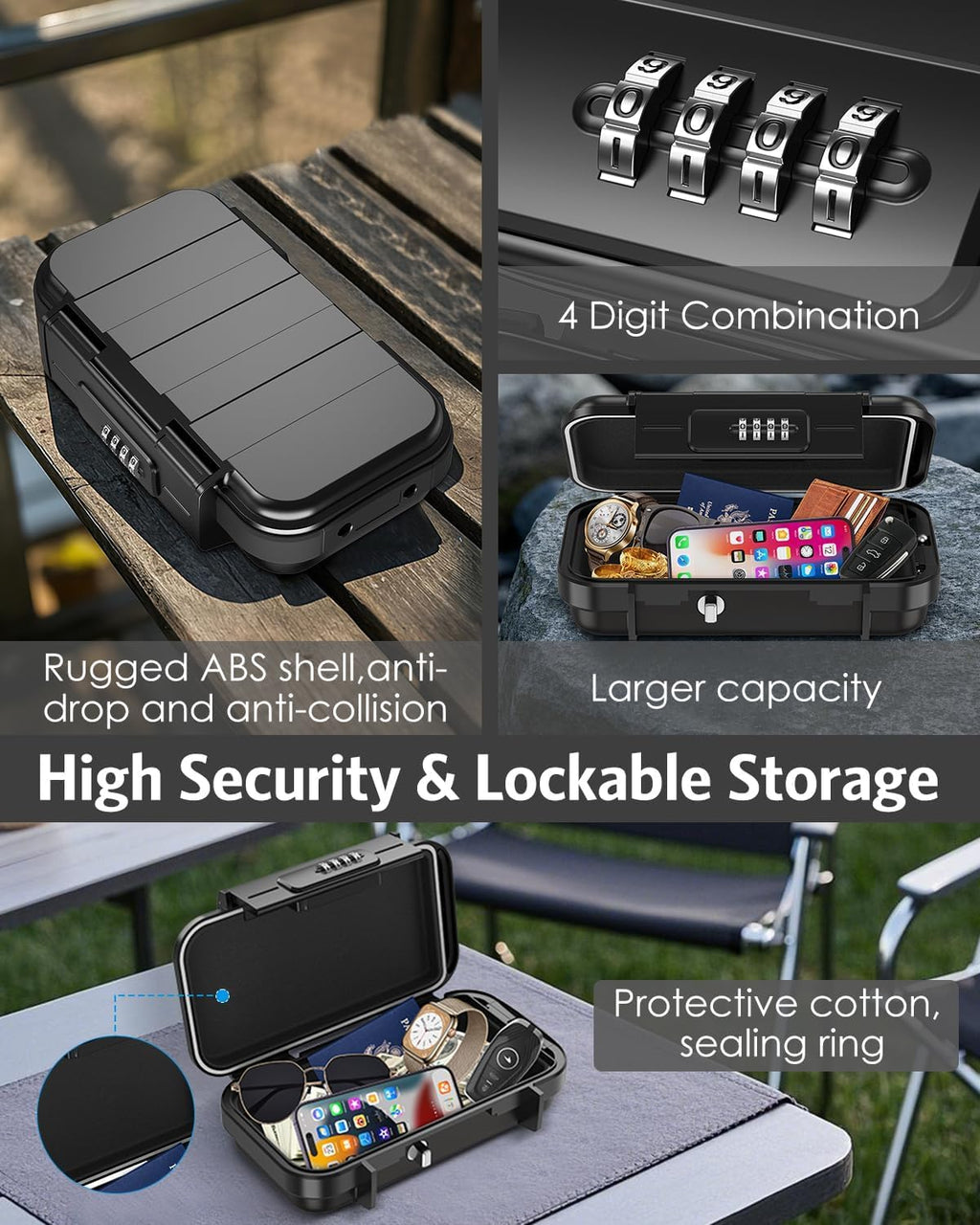 AMIR Travel Safe Portable Lock Box, 4 Digit Combination Lockbox, Cash Box, Waterproof Mini Security Case with Removable Chain, Portable Beach Safe Box for Travel, Beach,Office,Hotel,Cars,Dorms
