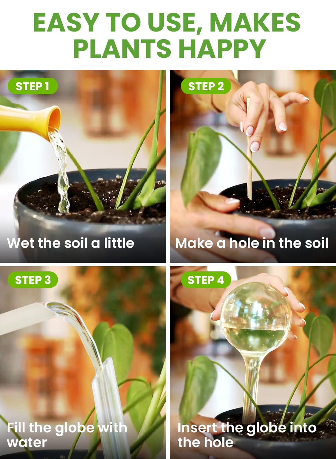 Plant Watering Globes Plastic Set of 4 - Automatic Plant Waterer Indoor and Outdoor - Self Watering Planter Insert System with Plastic Water Bulbs Ideal Gift for Gardeners (4 Globes)
