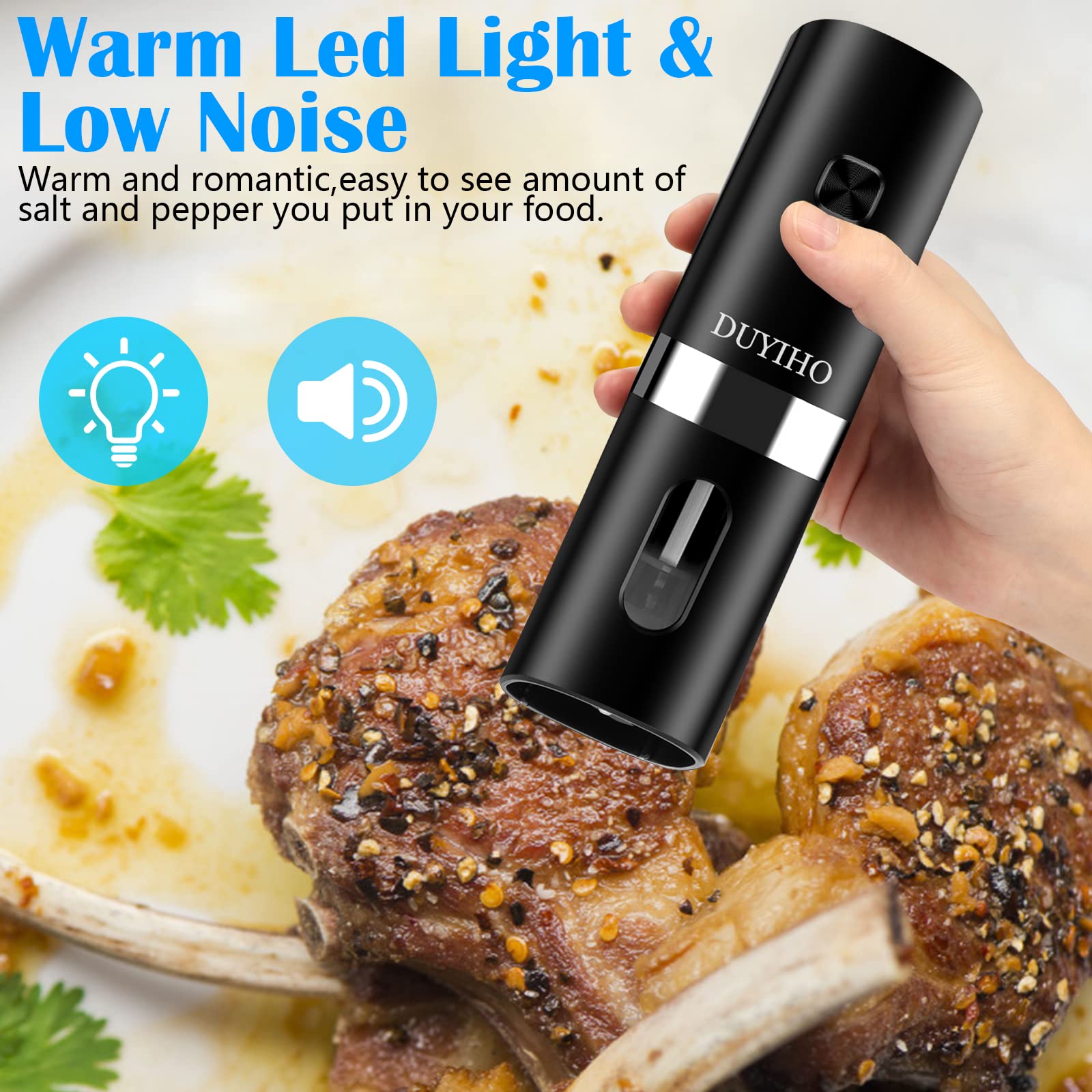 Rechargeable Electric Salt and Pepper Grinder Set with Double Charging Base, Support Battery Operated, Refillable Spice Automatic Mill Shakers Set with Adjustable Coarseness & LED Light