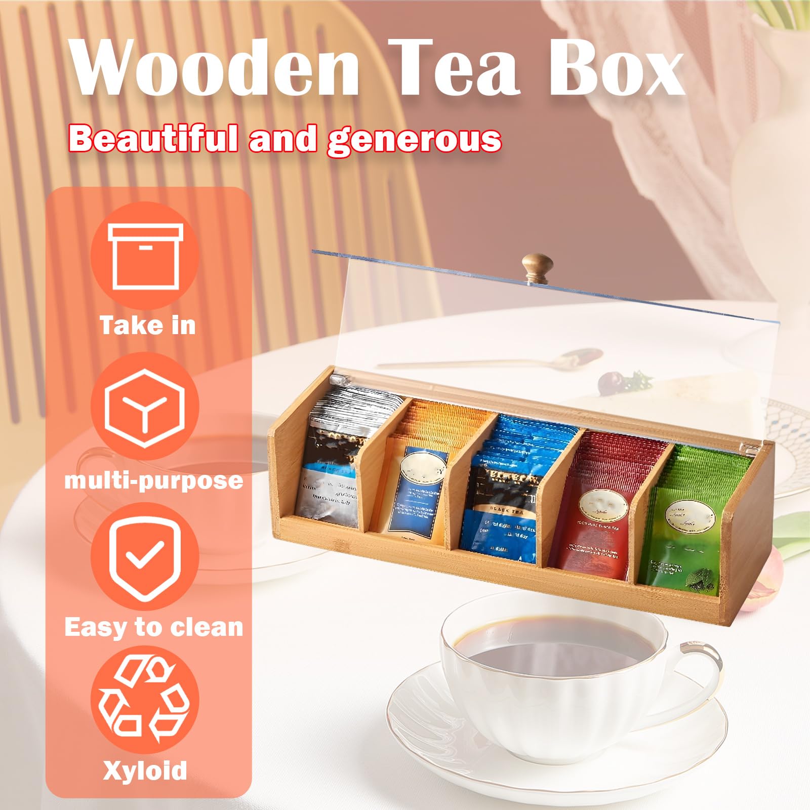 Bamboo Tea Bag Organizer, Bamboo Tea Box with 5 Compartments, Tea Storage Organizer Holder Box with Acrylic Window for Teabags, Countertop TeaStation Organizer for Home Kitchen Office Cabinet Pantry
