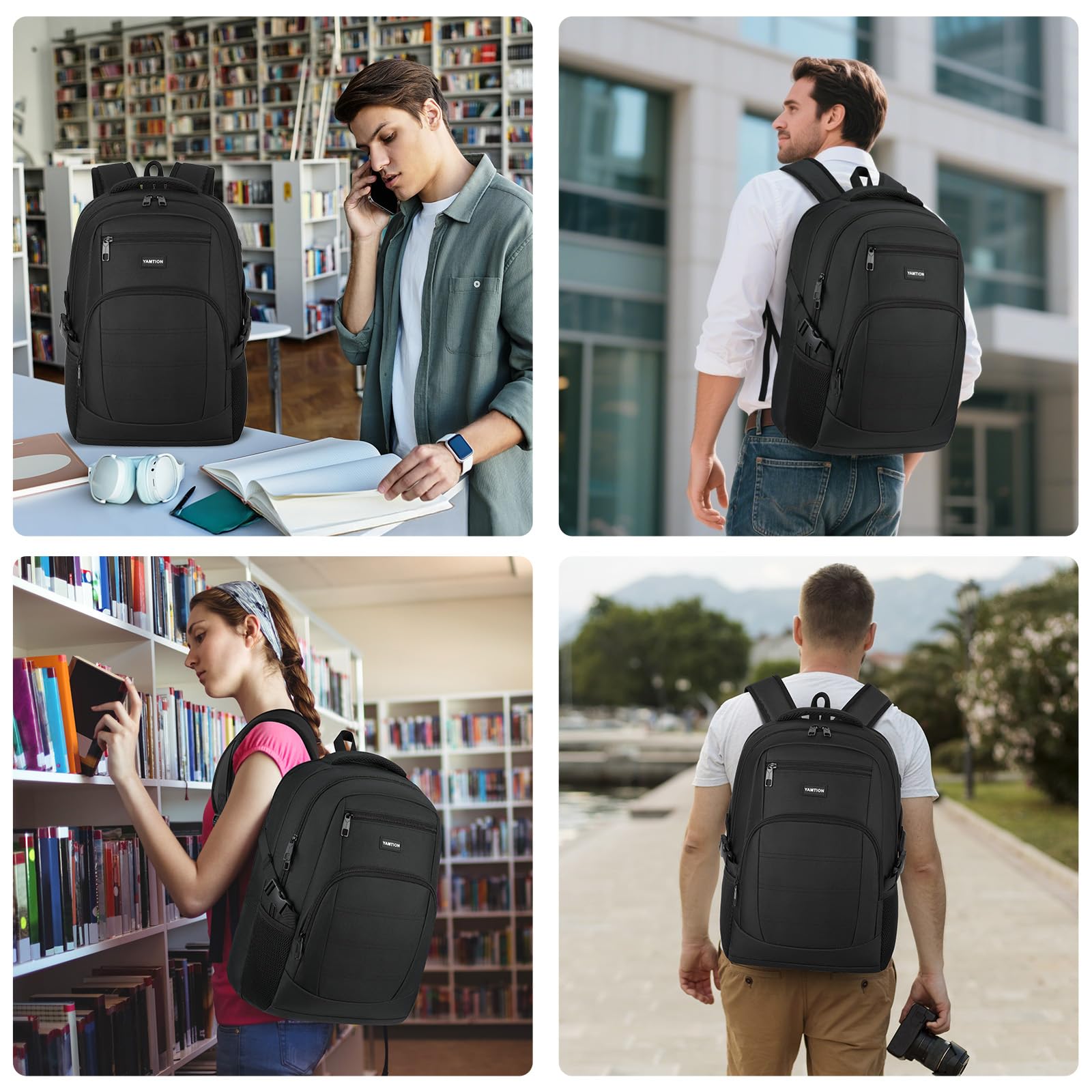 YAMTION Black Backpack for Men and Women, Laptop Backpack with USB Charging Port, School Backpack for Boys and Girls, Lightweight Bookbag, Work Backpack Fits 15.6 Inch Notebook