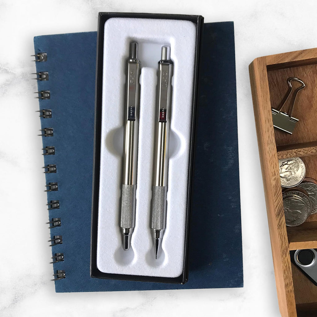 Zebra Pen M/F 701 Stainless Steel Mechanical Pencil and Ballpoint Pen Set, Fine Point, HB Lead and Black Ink, Ideal for Tactical Use, 2-Pack Gift Set (10519)
