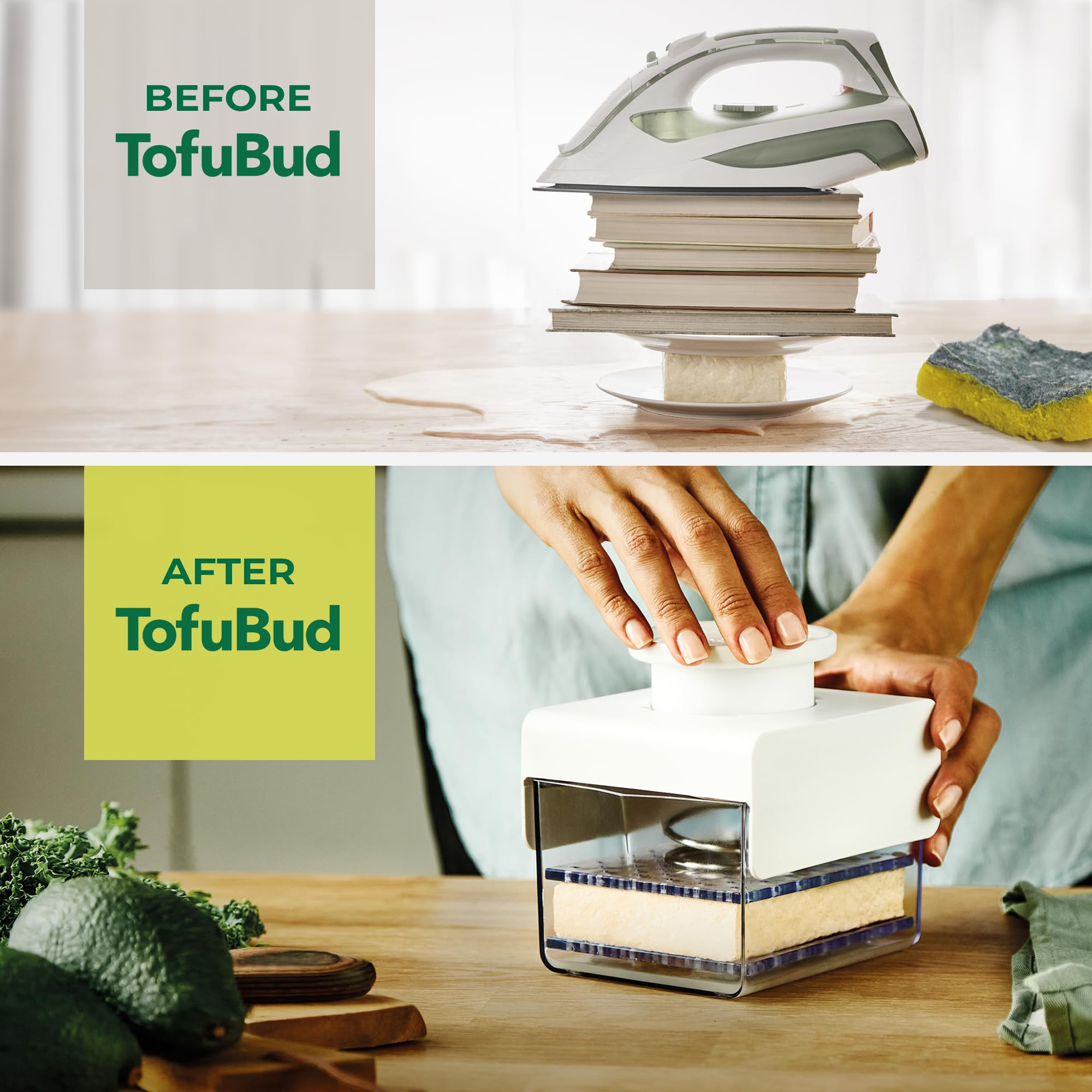 TofuBud Tofu Press - Tofu Presser for Firm or Extra Firm Tofu - Tofu Maker with Water Drainer Made from Sturdy Sustainable Materials - Tofu Recipe Book Included