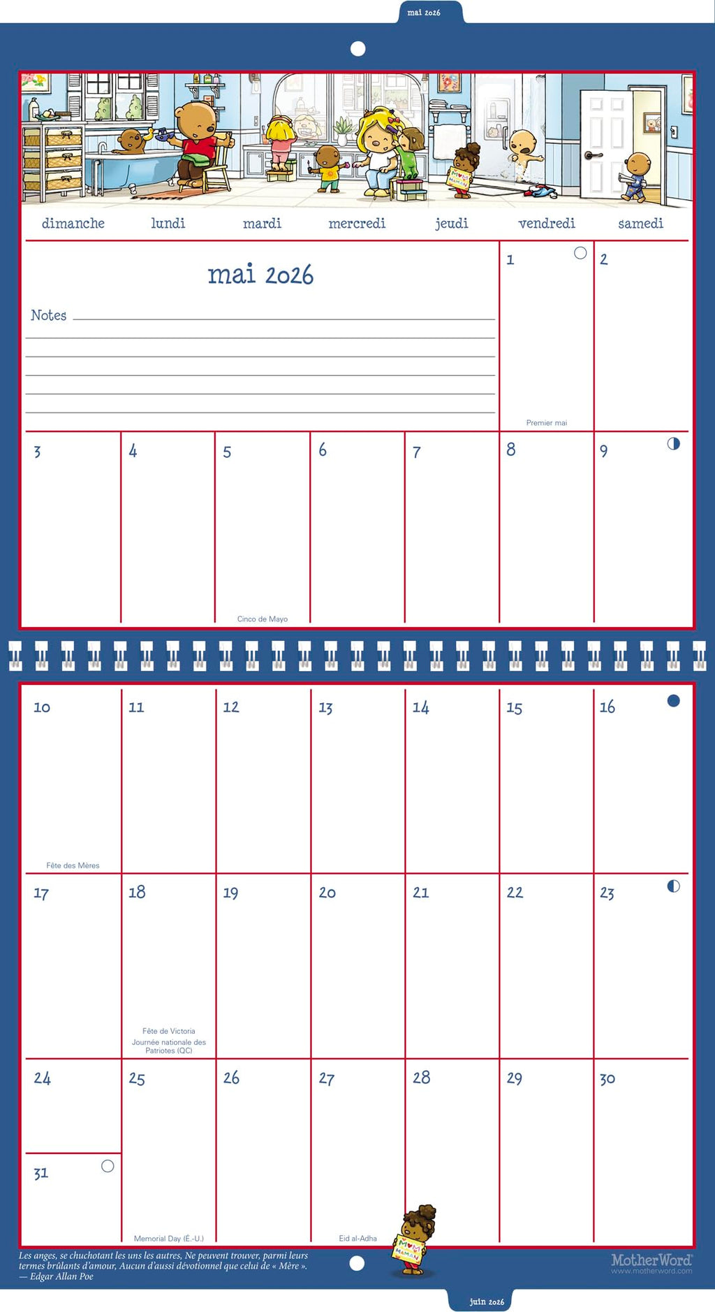 2026 MotherWord Ultimate Family Calendar, 16-Month Family Planner, Sept 2025-Dec 2026, French, Tabbed Wall Version, 12" x 21.5" (DDTF112826)