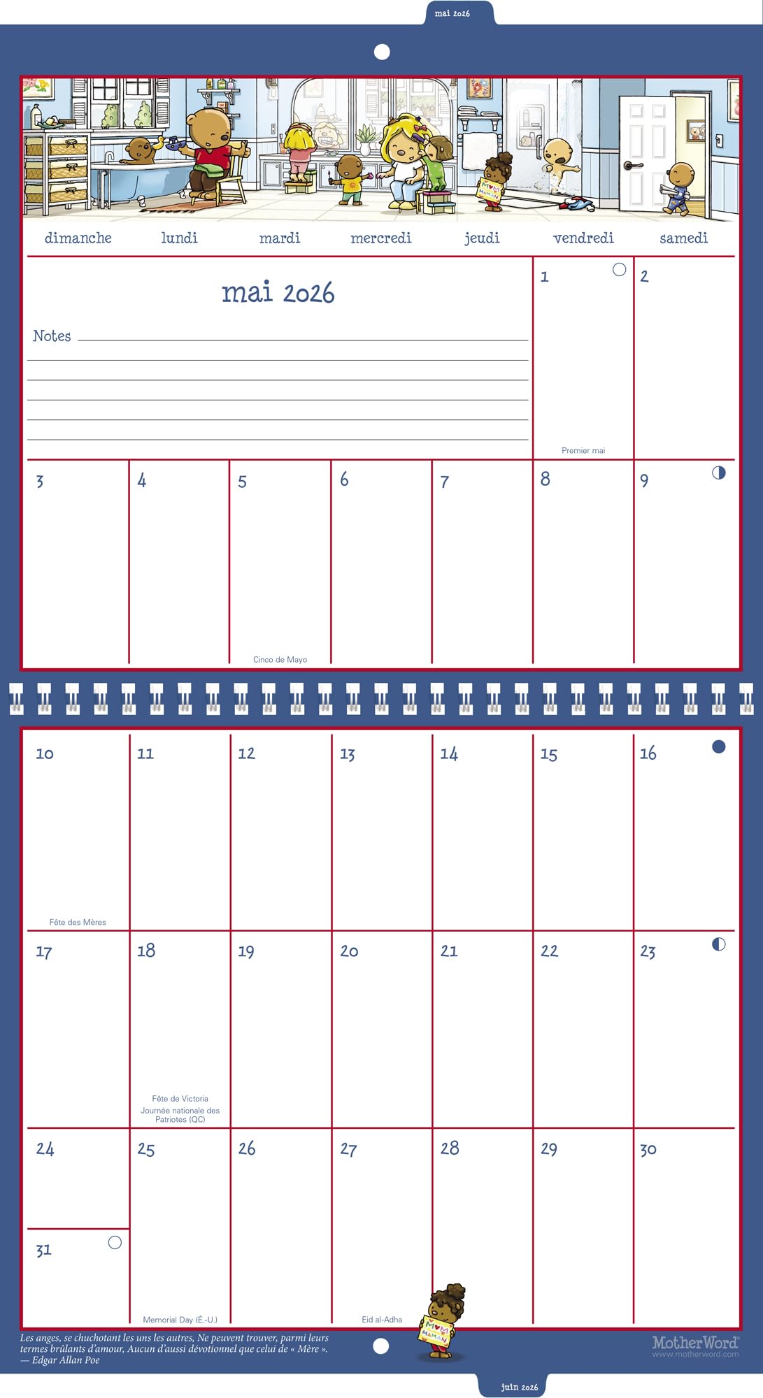 2026 MotherWord Ultimate Family Calendar, 16-Month Family Planner, Sept 2025-Dec 2026, French, Tabbed Wall Version, 12" x 21.5" (DDTF112826)