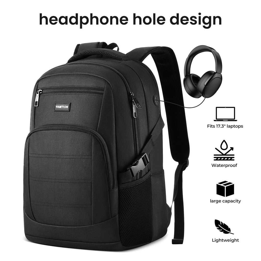 YAMTION Black Backpack for Men and Women, Laptop Backpack with USB Charging Port, School Backpack for Boys and Girls, Lightweight Bookbag, Work Backpack Fits 15.6 Inch Notebook