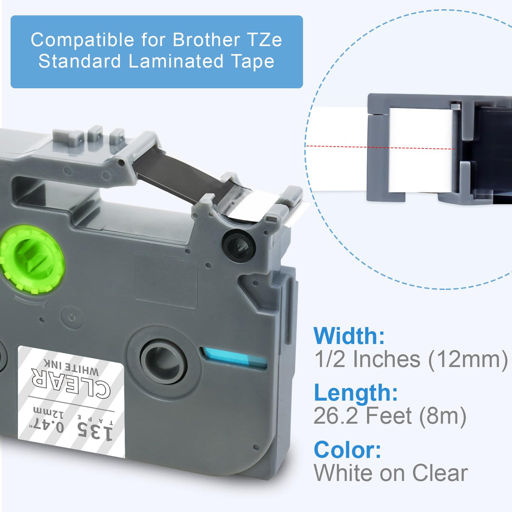 Absonic 3-Pack 12mm 0.47" Laminated White on Clear Label Tape Compatible for Brother Tze-135 Tz135 Tze135 Tz-135 P Touch Label Tape Tze Tz 12mm 1/2" Clear for PT-D400AD PT-D600 PT-H110 PT-1290 PT-1880