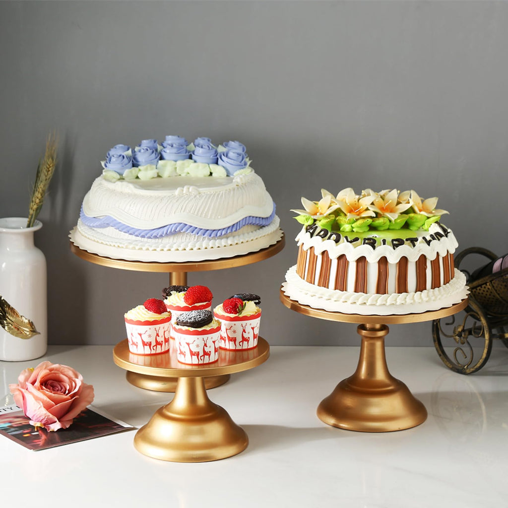 yarlung 3 Pack Gold Cake Stands, 8/10/12 Inch Metal Cupcake Display Stand Pillar Style Dessert Stand for Wedding, Party, Birthday, Celebration, 3 Sizes