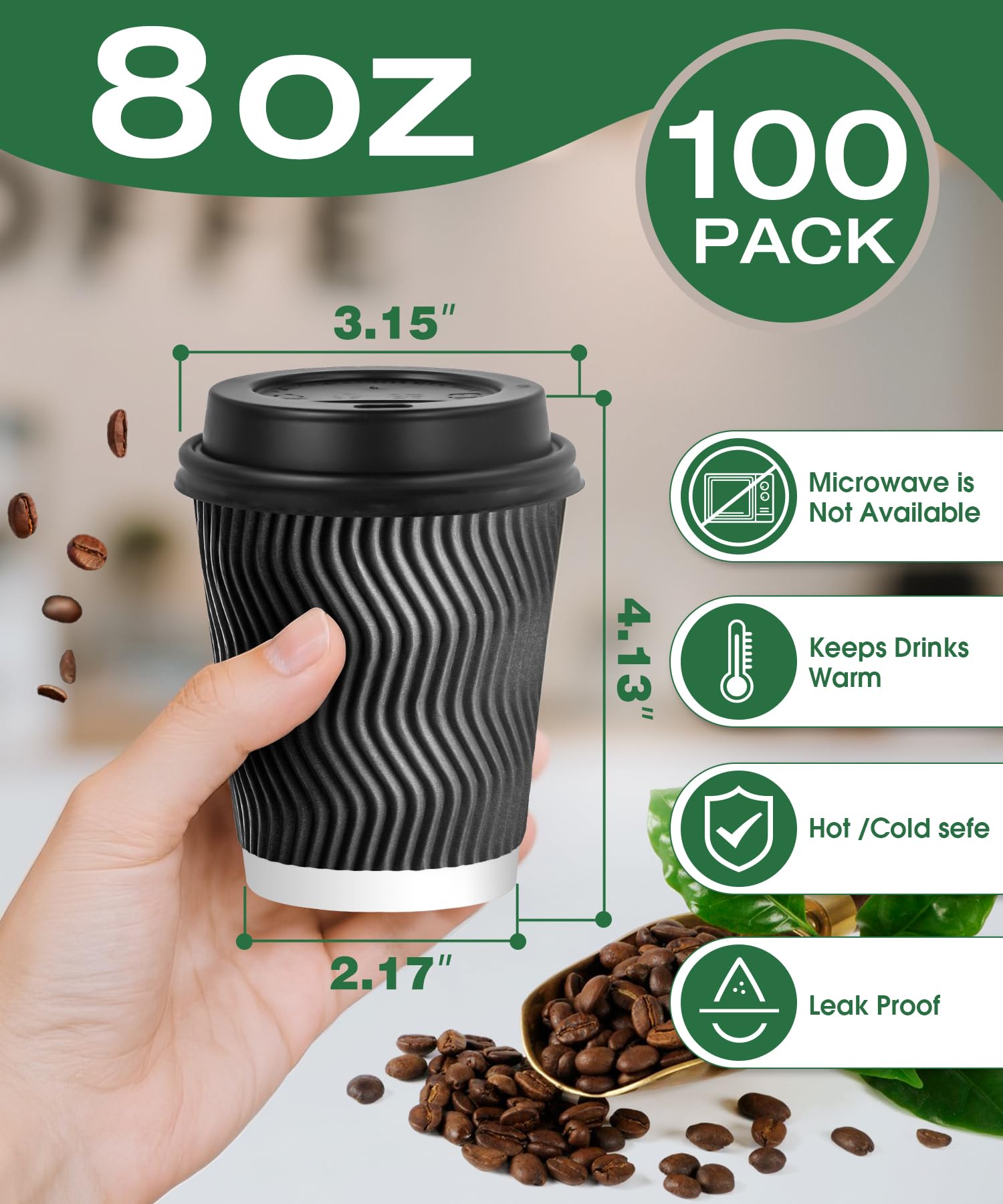 Sipthene 100 Pack 8 oz Disposable Coffee Cups with Lids, to Go Insulated Thick Coffee Cups for Hot/Cold Beverage, Corrugated Ripple Wall Cups for Espresso Coffee, Hot Chocolate and Cocoa - Black