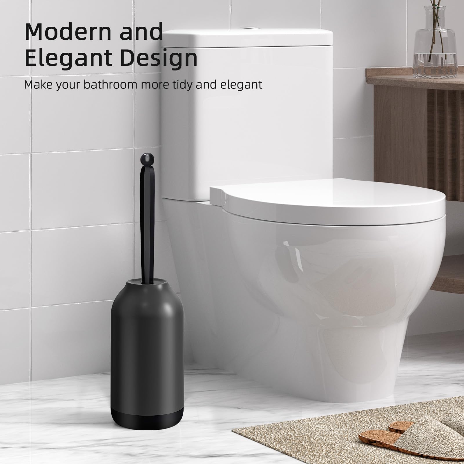 HAMITOR Toilet Brush and Holder Set: Curved Design Bathroom Toilet Bowl Cleaner Brush for Deep Cleaning Under Rim- Flexible Bristles Toilet Scrubber with Long Handle- Modern Travel RV Tools- Black