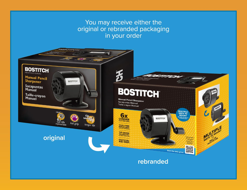 Bostitch Office Wall Mount Manual Pencil Sharpener, Tip Saver, 8 Hole Dial, 6X Longer Cutter Life, Vertical or Horizontal Mounting Black (MPS1-BLK)