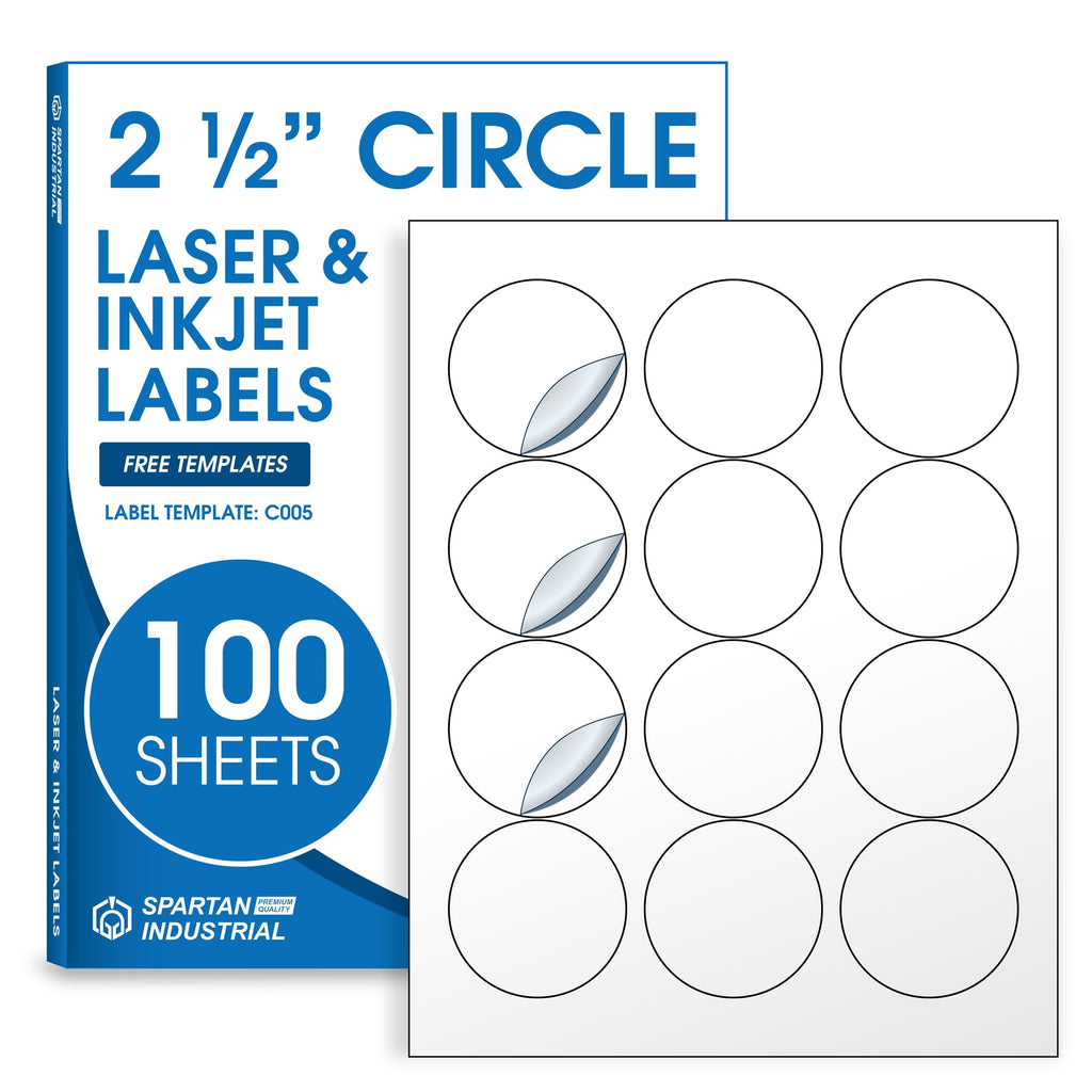 2.5" Circle Printable Labels Compatible with Inkjet and Laser Printers - 100 Sheets, 1200 Matte White Round Stickers for Product Labeling, Packaging, Organization - Spartan Industrial Template C005