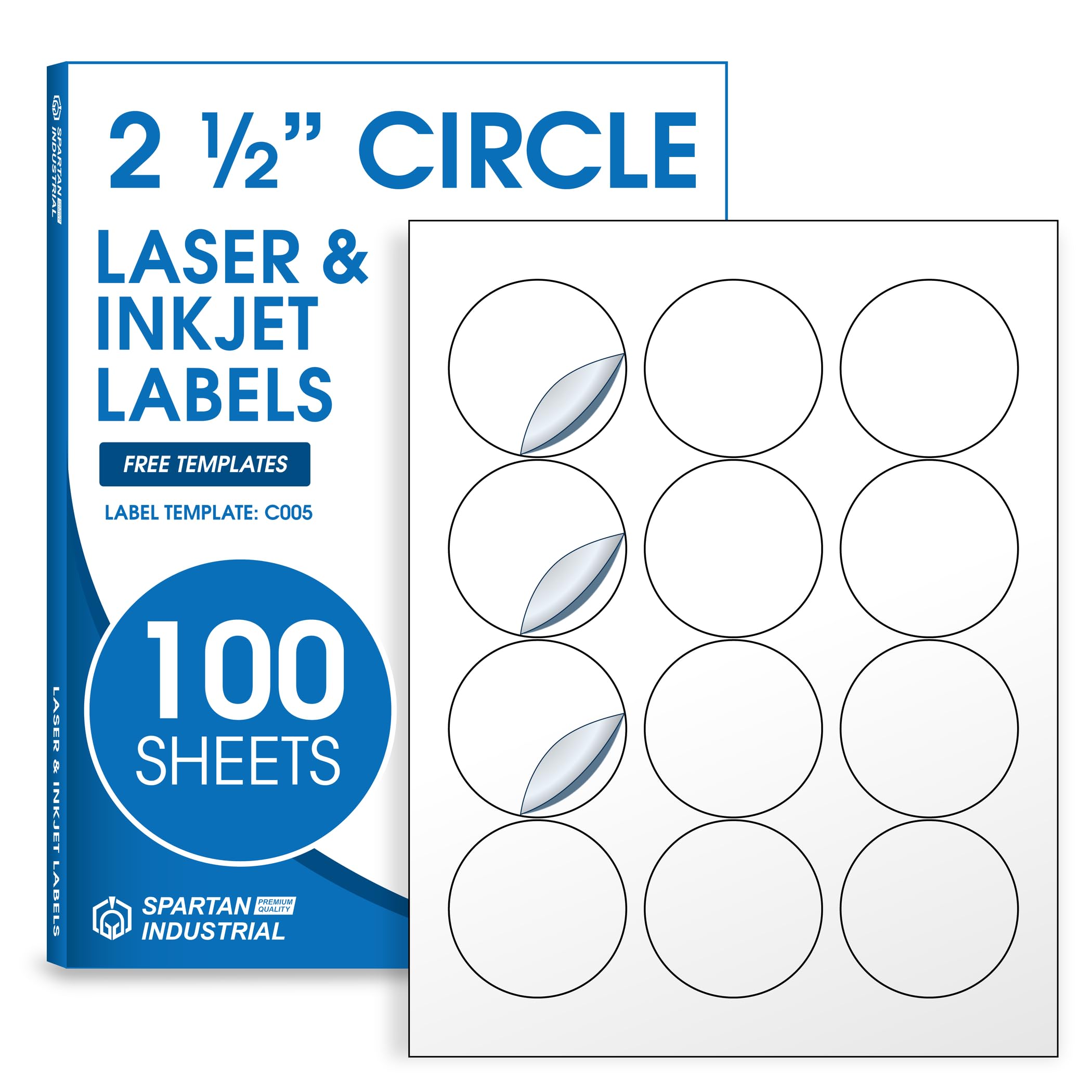 2.5" Circle Printable Labels Compatible with Inkjet and Laser Printers - 100 Sheets, 1200 Matte White Round Stickers for Product Labeling, Packaging, Organization - Spartan Industrial Template C005