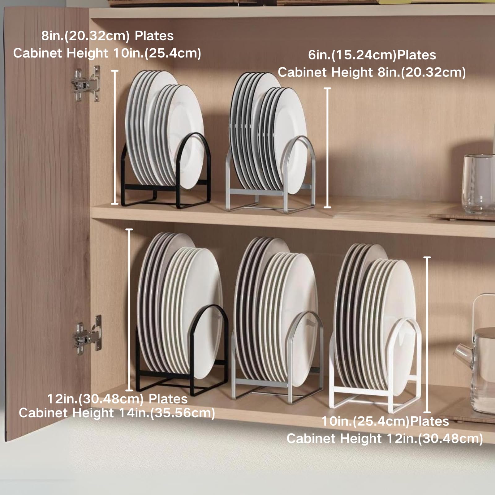 4 Pack Kitchen Plate Holder Organizer for Cabinet Space Saver Dinner Dish Plate Storage Rack Upright Dish Drying Racks Metal Dish Racks Stand for Cupboard and Countertop 2 Large 2 Small Black