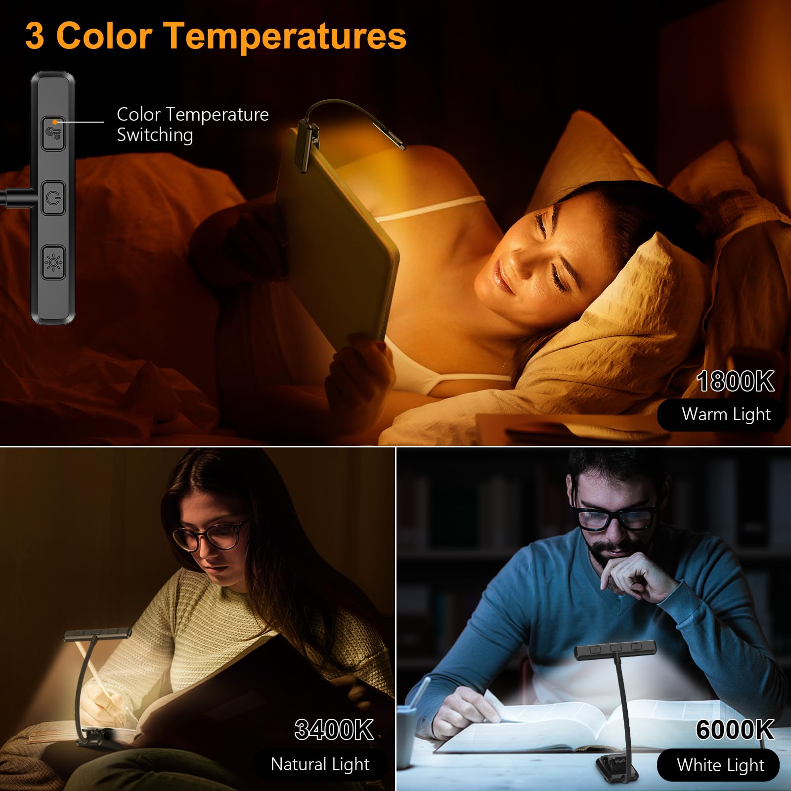 Gritin 19 LED Rechargeable Book Light for Reading in Bed with Memory Function- Eye Caring 3 Color Temperatures,Stepless Dimming Brightness,90 Hrs Runtime Clip on Light for Book Lovers- 2 Pack-Black