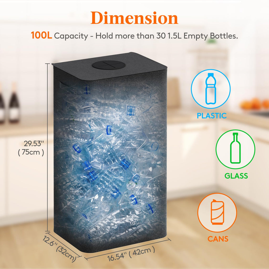 Lifewit 100L Recycling Bin for Kitchen, Large 26 Gallon Recycle Bin with Lid and Reusable Inner Bag, Tall Indoor Home Storage Can for Bottle Can Plastice Paper Glass Stickers, Dark Gray