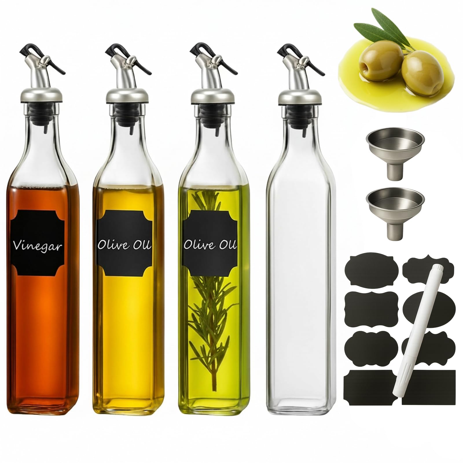 WERTIOO Oil Dispenser Bottle 4 Pack 17 OZ Glass Olive Oil and Vinegar Dispenser Set Oil Container with Funnel & Pen and Tag for Kitchen