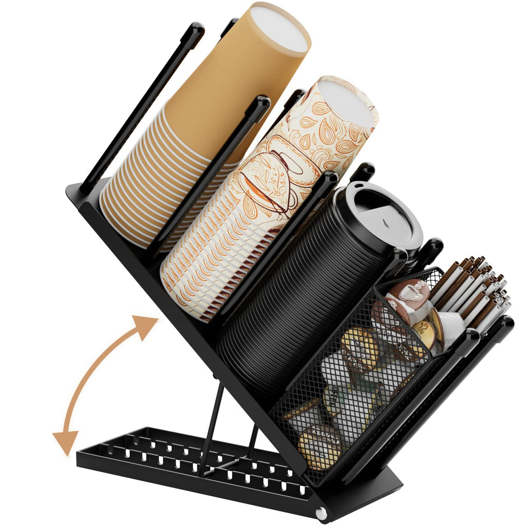 Ovicar Cup and Lid Holder - Adjustable Coffee Cup Holder Organizer 4 Compartment Disposable Cup Dispenser with Coffee Pod Straw Storage Basket for Coffee Station Bar Countertop Breakroom Metal (Black)