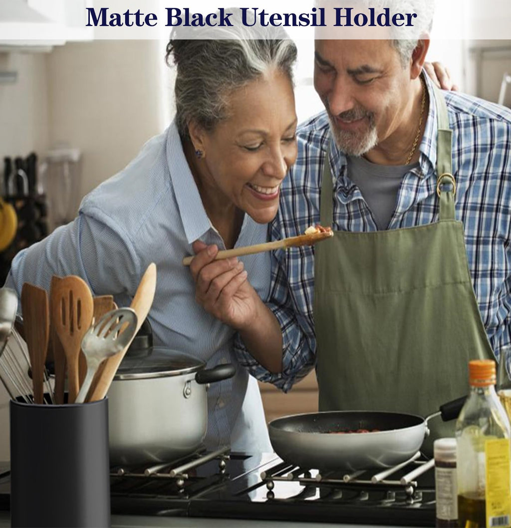 Matte Black Utensil Holder for Countertop, Ceramic Utensil Crock for Kitchen counter Easy to Clean, Modern Cooking Utensil Spatula HolderBy yuyuefourseas 4.4*6.3 Inch