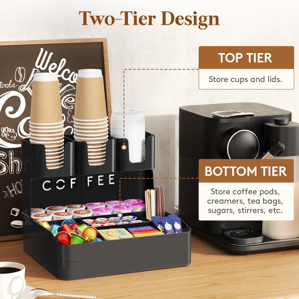 Lifewit Modern Black Coffee Bar Organizer, 10 Compartments, Countertop Coffee Station, Office Breakroom, Home Kitchen